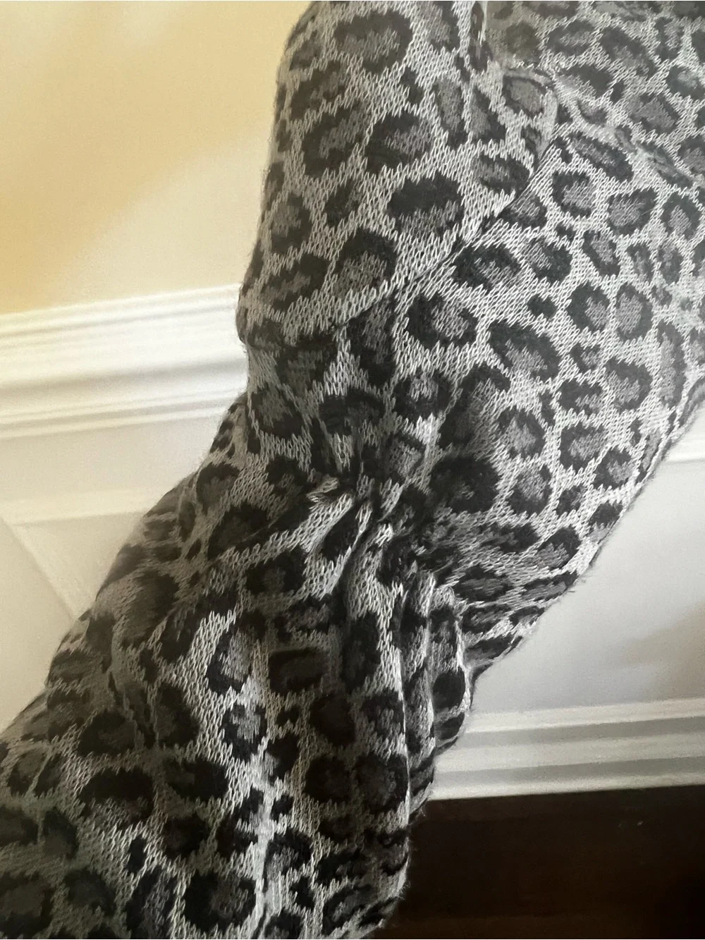 Gray/Black Leopard-Print Stretchy Knit Unlined Long Gloves.